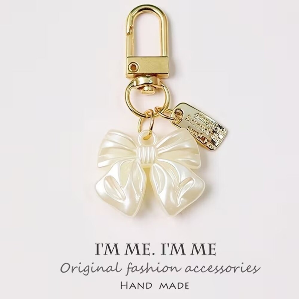 Handmade Pearl Bow Keychain with Gold Lobster Clasp – Cute Bag Charm Gift for He